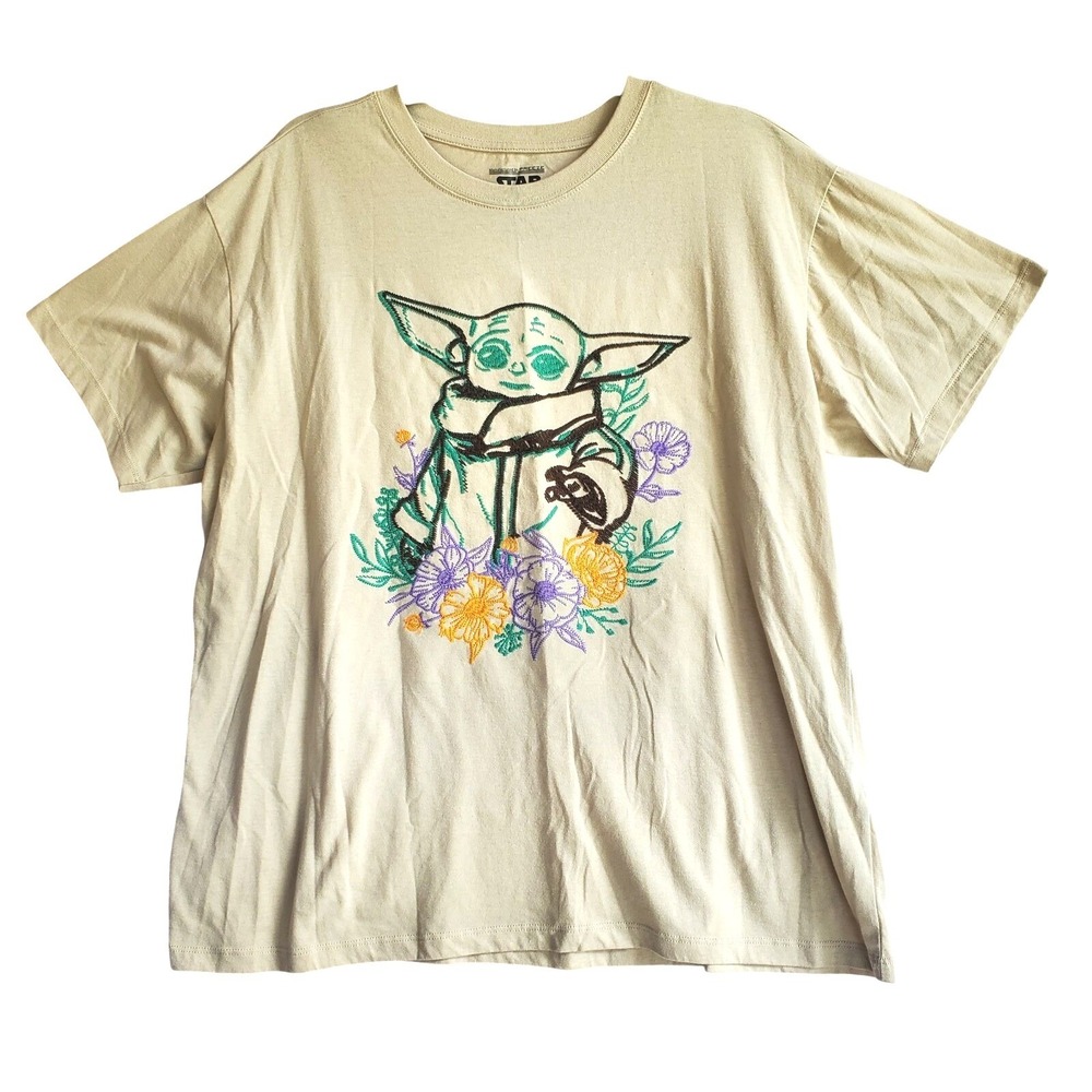 Star Wars Baby Yoda Grogu Embroidered‎ Floral Tan T-Shirt The Mandalorian Tee 2X